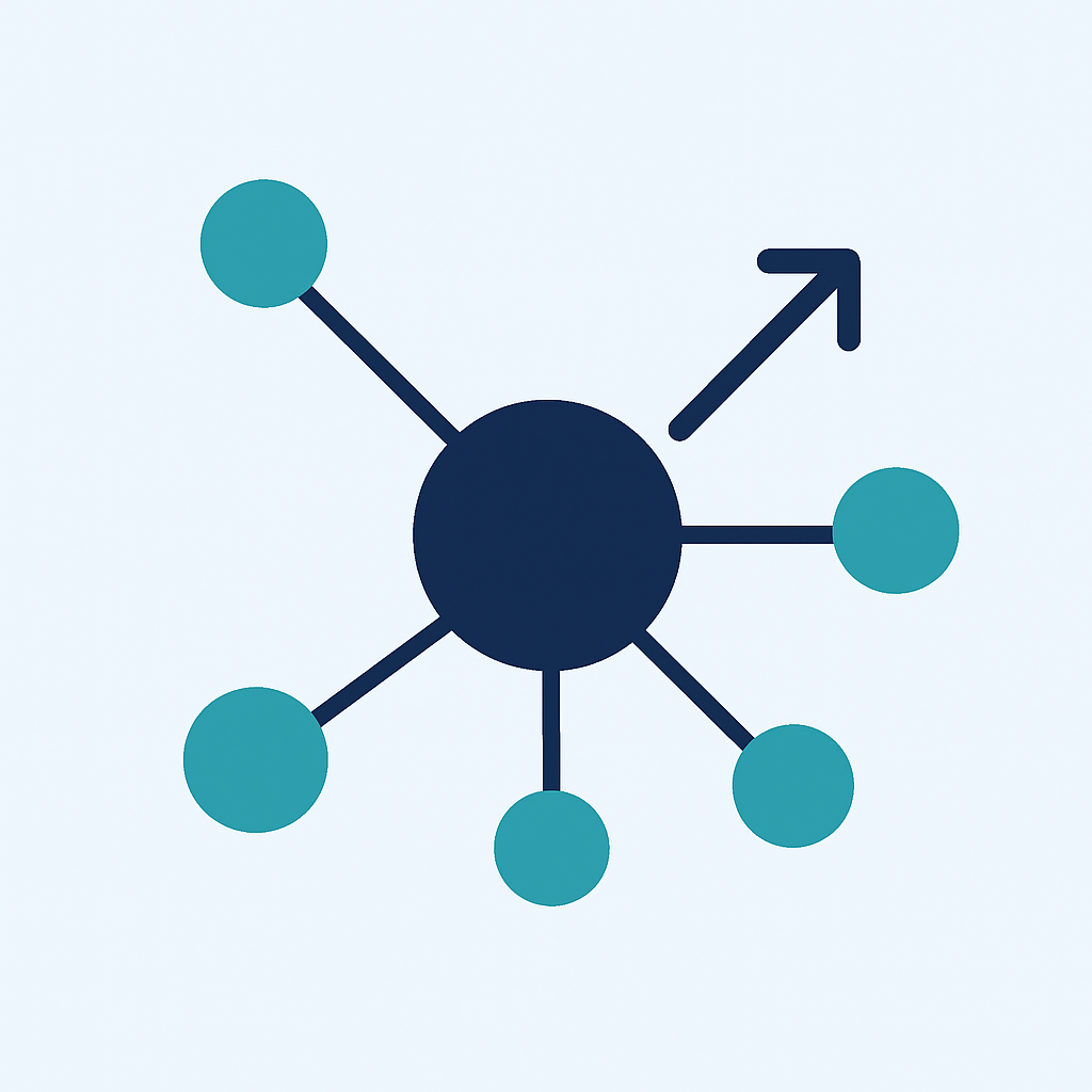 Interconnected concept nodes expanding outward with an upward arrow
