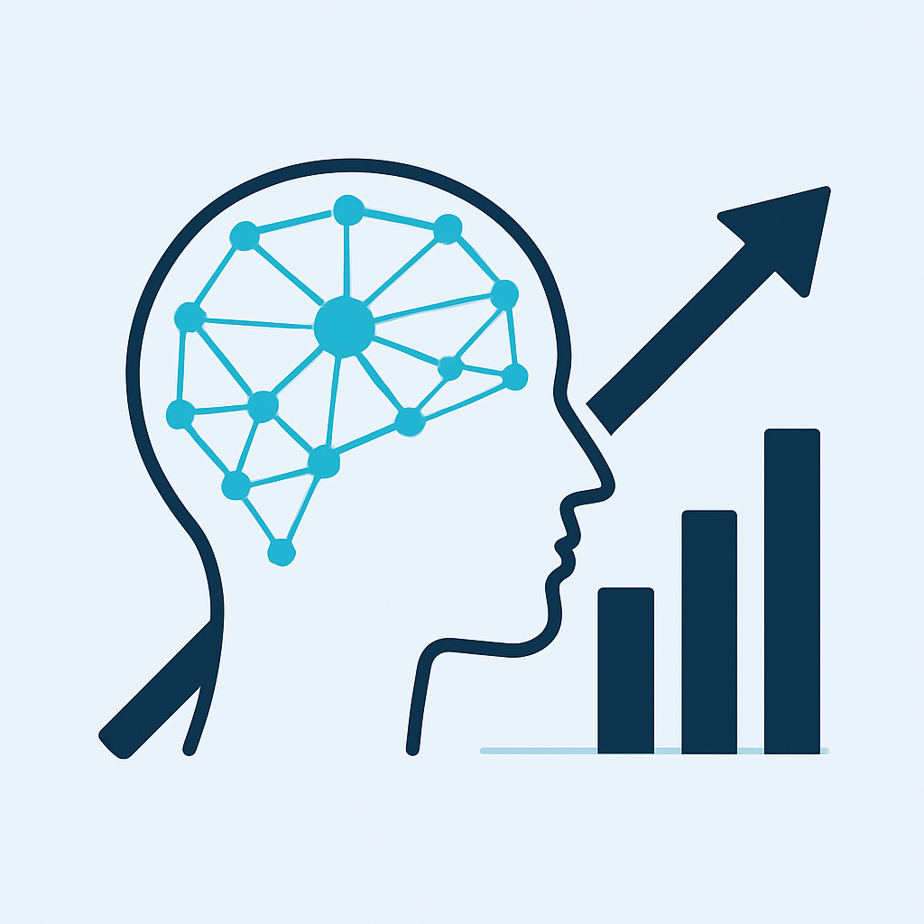 A human mind formed from a network of connected nodes merging into an upward growth chart